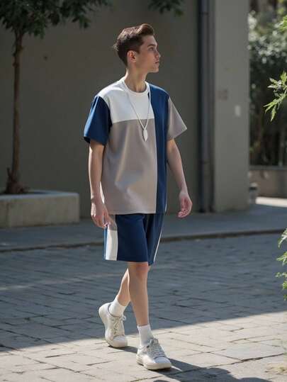 SHEIN Vacaura Conjunto de 2 piezas de camiseta y pantalón corto de moda casual y sencilla con bloques de color, adecuado para uso diario y juegos al aire libre en primavera/verano para adolescentes
