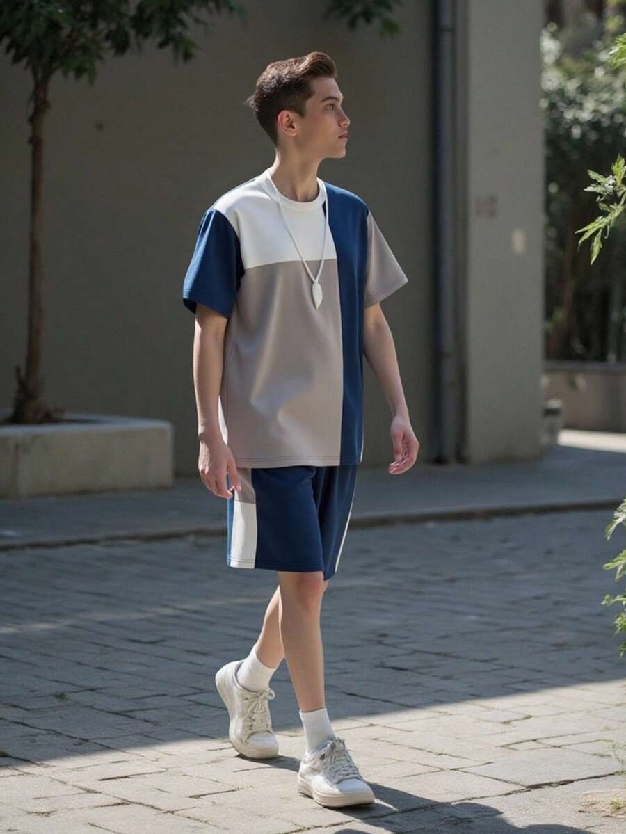 SHEIN Vacaura 青少年男孩 2 件套休闲时尚简约色块 T 恤和短裤，适合春夏季日常穿着和户外玩耍