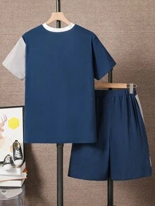 SHEIN Vacaura 青少年男孩 2 件套休闲时尚简约色块 T 恤和短裤，适合春夏季日常穿着和户外玩耍 - 彩色 - 查看 3
