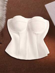 SHEIN Clasi 大码纯色露肩短款休闲百搭女式上衣 - 白色 - 查看 4