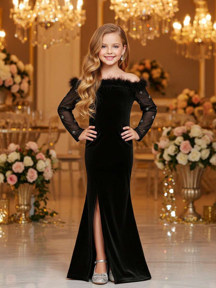 SHEIN Young Girl Elegant Black Velvet & Mesh Rhinestone Embellished Off Shoulder Long Sleeve Dress - Black - View 1