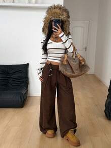 Coolane Women's Fall/Winter  Grunge Daily Wear Going Out Grey And Black Striped Knit V-Neck Long Sleeve T-Shirt - Multicolor - View 4