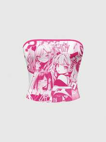 ROMWE Anime 性感朋克风动漫印花露脐背心（女款） - 粉色 - 查看 1