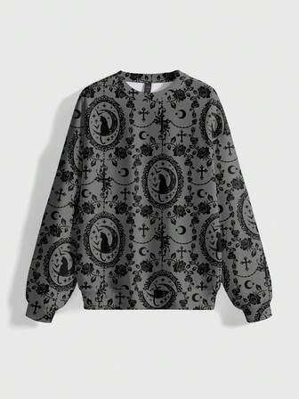 Sweat-shirt femme avec motif gothique de croix, chat, rose et vigne florale