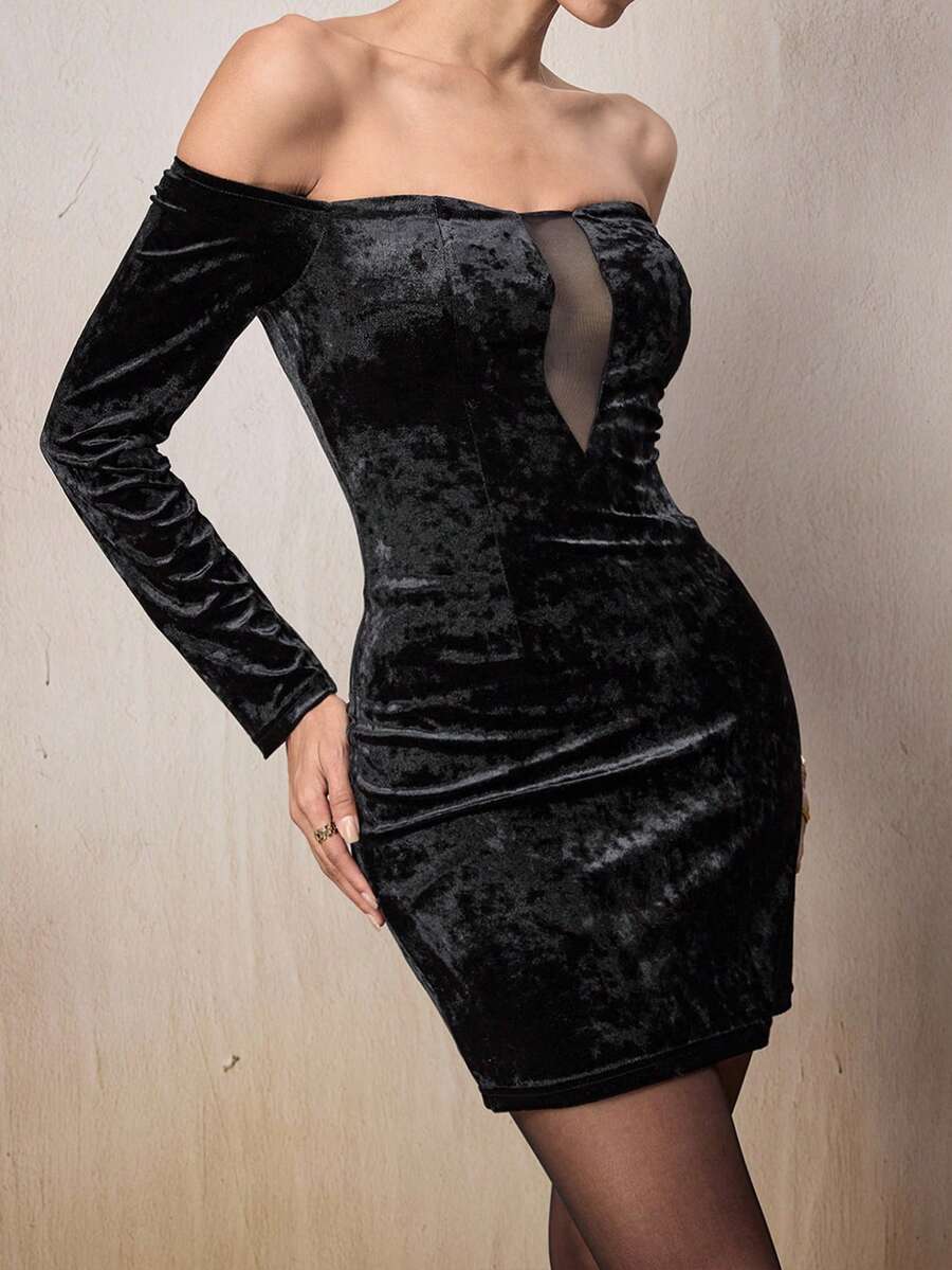 Modelyn 女士纯色露肩长袖网纱拼接性感修身迷你连衣裙 - 黑色 - 查看 1