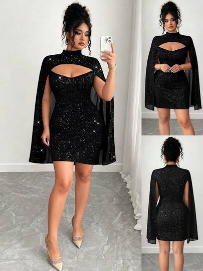 Elenzga 大码女式立领镂空设计斗篷性感优雅连衣裙