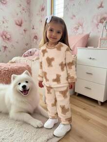 SHEIN 2pcs/Set Young Girls Cute Cartoon Pattern Fluffy Long Sleeve Top And Elastic Waist Pants Suit,Autumn Fairy Night Loungewear Set,Christmas Gift,Winter - Multicolor - View 6