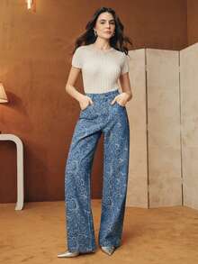 Anewsta Tulum Heavy Jacquard Fabric Women's Blue Straight Leg Jeans - Blue - View 6