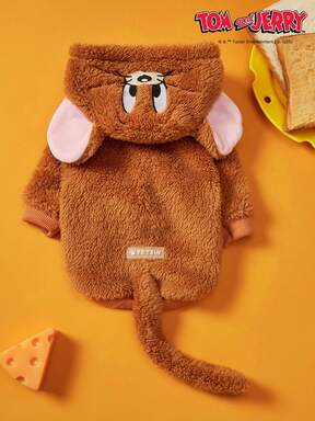 TOM & JERRY X PETSIN 1 件装 Jerry 刺绣立体耳朵装饰可爱双面毛绒材质保暖舒适连帽衫狗狗连帽衫 Jerry Cosplay 连帽衫