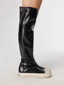 Sugerpunk Women's Contrast Color Casual Over-The-Knee Boots With Side Zipper Design For Christmas - Black - View 4