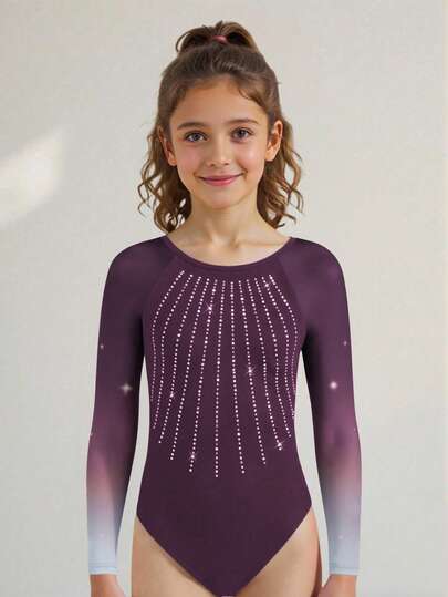 SHEIN Tween Girls Activewear Ombre Mesh Long Sleeve Leotard, Rhinestone Decorated Gymnastics Unitard, 4-Way Stretch High Stretch Fitness Outdoor Sports Dance Yoga Gymnastics Jumpsuit