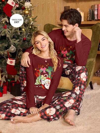 CoupledUp Men's Casual Colorblock Santa Claus Plaid & Snowflake Print Raglan Sleeve Crew Neck Comfortable Pajama Set Christmas Pajamas Couple Matching Couple Pajama Set