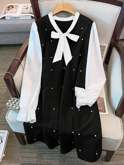 GlowEve CURVE Plus Size Women's Bestselling Elegant Bow Collar Long Sleeve Black & White Contrast 2 In 1 Shirt Dress, Ruffle Cuff Design, Autumn/Winter Faux Pearl Decor, Suitable For Daily Commute, Party, Gathering