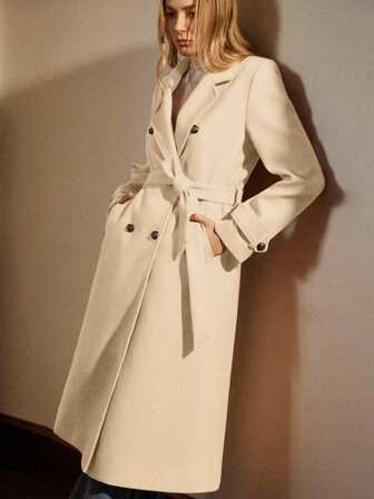 Écloséra 新款秋冬双排扣长款羊毛大衣，配腰带，女士款