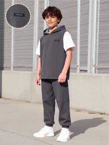 Vacaura 2 Stücke/Set Jungen Lässig Bequeme Büro Pendler Kapuzen Strick Strukturstoff Kurzarm Patchwork Top und Hose Set, geeignet für Frühling, Sommer, Herbst - Verschiedenfarbig - Übersicht 1
