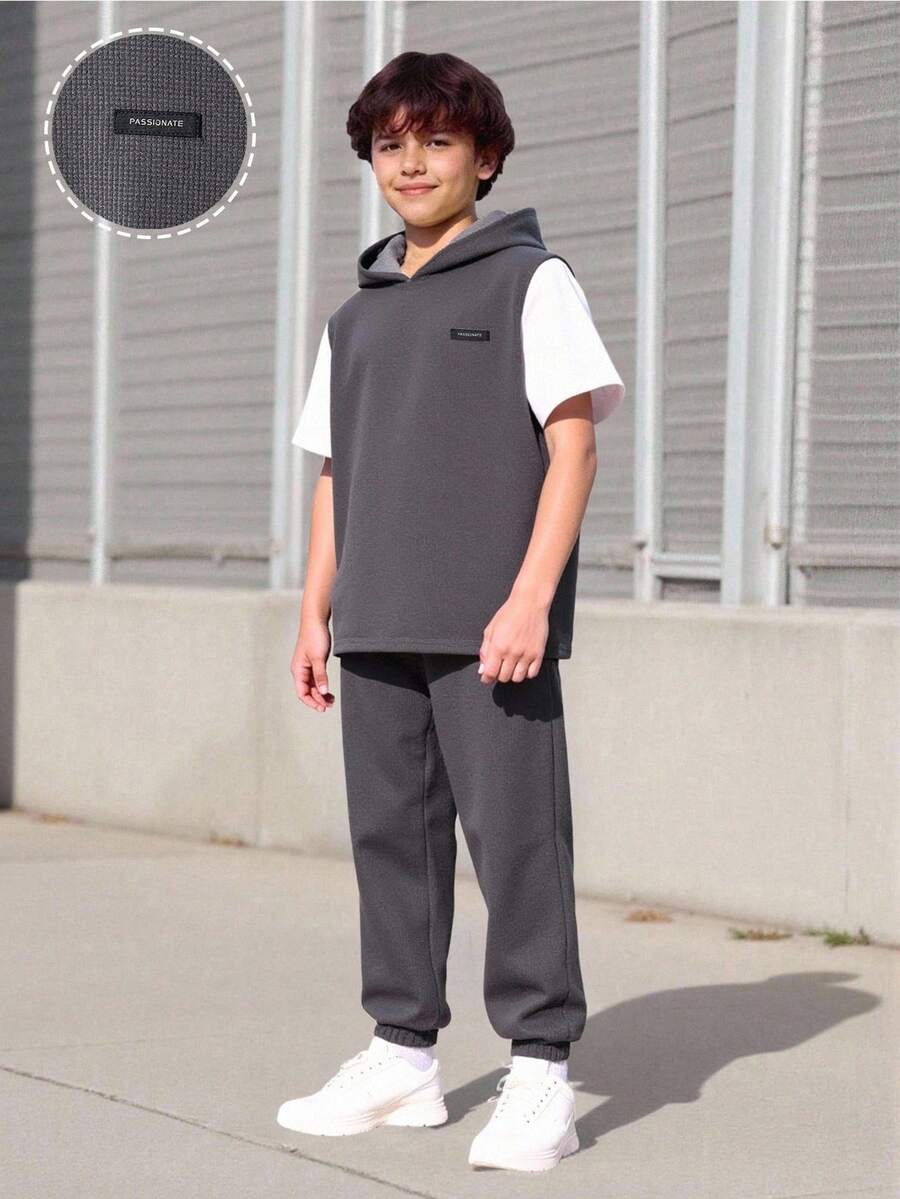 Vacaura 2 Stücke/Set Jungen Lässig Bequeme Büro Pendler Kapuzen Strick Strukturstoff Kurzarm Patchwork Top und Hose Set, geeignet für Frühling, Sommer, Herbst - Verschiedenfarbig - Übersicht 1