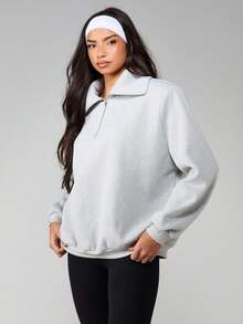 MISSGUIDED Women's Oversized Zip Neck Sweatshirt With Shoulder Pads Casual Pullover Long Sleeve Winter Fall Comfort Top - Light Grey - View 3