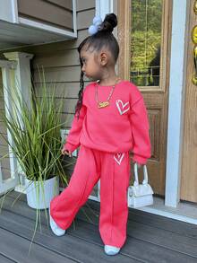 Young Girl Casual Heart Print Knit Solid Color Loose Drop Shoulder Long Sleeve Sweatshirt And Wide Leg Sweatpants Set Sweats For Girls Young Girls Girl 2 Piece Sets