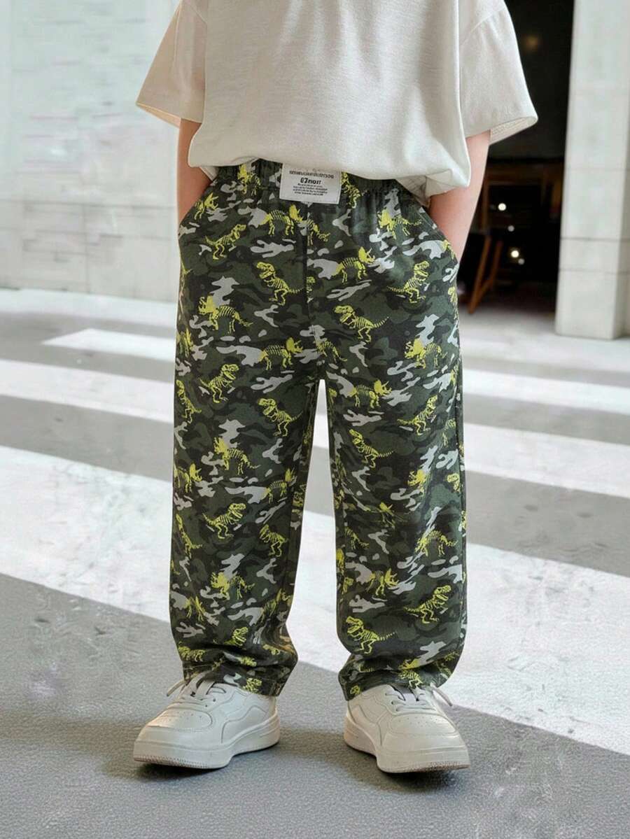 SHEIN 男童休闲街头迷彩植物印花梭织宽腿口袋直筒裤,轻便舒适,百搭,适合外出、度假、摄影、上学、运动、聚会、春夏季 - 彩色 - 查看 1
