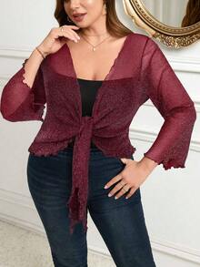 Gownix Áo khoác cardigan dáng ngắn tay bồng, viền bèo nhún phía trước khoét rỗng cho nữ cỡ lớn, màu lễ hội - Màu Đỏ Sâu - Xem 5