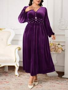 Modelyn Đầm dài tay cổ chữ V đính ngọc trai nhung thời trang cỡ lớn cho nữ - Màu tím - Xem 5