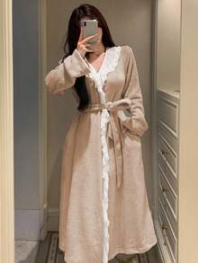 DAZY Women's Long Plush Fluffy Lace Ruffle Hem Patchwork Bathrobe, Winter - Apricot - View 8