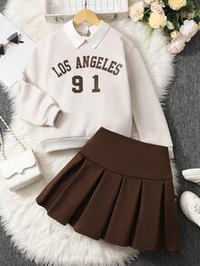 SHEIN 2件套女童美式学院风衬衫领英文印花抓绒卫衣和百褶裙套装