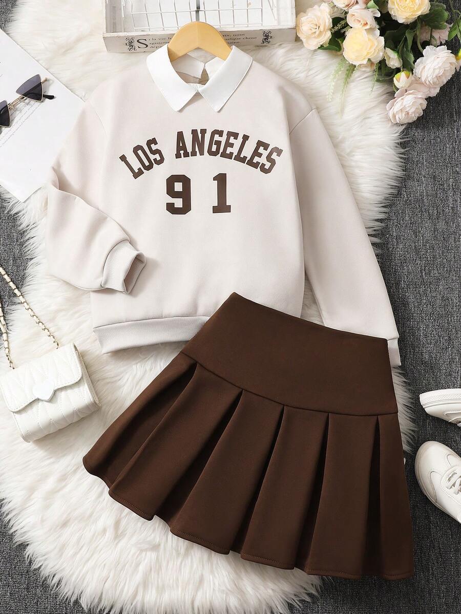 SHEIN 2件套女童美式学院风衬衫领英文印花抓绒卫衣和百褶裙套装