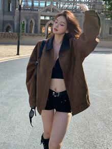 DAZY 女士PU拼接撞色长袖常规款外套，秋冬女式外套 - 咖啡棕 - 查看 1