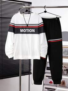 Vacaura 2 件套青少年（男孩）休闲学院风拼布印花圆领运动衫和抽绳运动裤套装，春/秋/冬 - 黑與白 - 查看 5