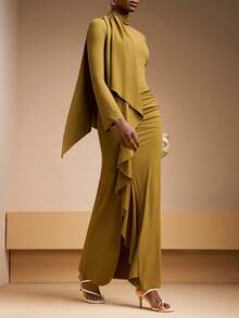 Zivah 2025秋冬新款音乐节、万圣节、圣诞节、复活节、西部风、游牧风格休闲连衣裙，适合生日派对、毕业典礼、度假、邮轮、海滩、日光浴、日常通勤、休闲街头时尚。荷叶边喇叭袖，褶裥装饰，修身开衩弹力针织中长连衣裙，大地黄配色。 - 黃色 - 查看 5