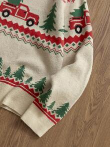 SWAVVY Pulover casual bărbătesc la modă cu model de brad de Crăciun, guler rotund, mânecă raglan, toamnă/iarnă