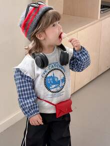 DAZY 女童圆领格子休闲荷叶边长袖卫衣，秋冬款