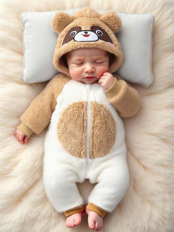 SHEIN Newborn Baby Cute Cartoon Romper, Infant Winter Jumpsuit Playsuit, Stylish Hooded Cotton Outerwear