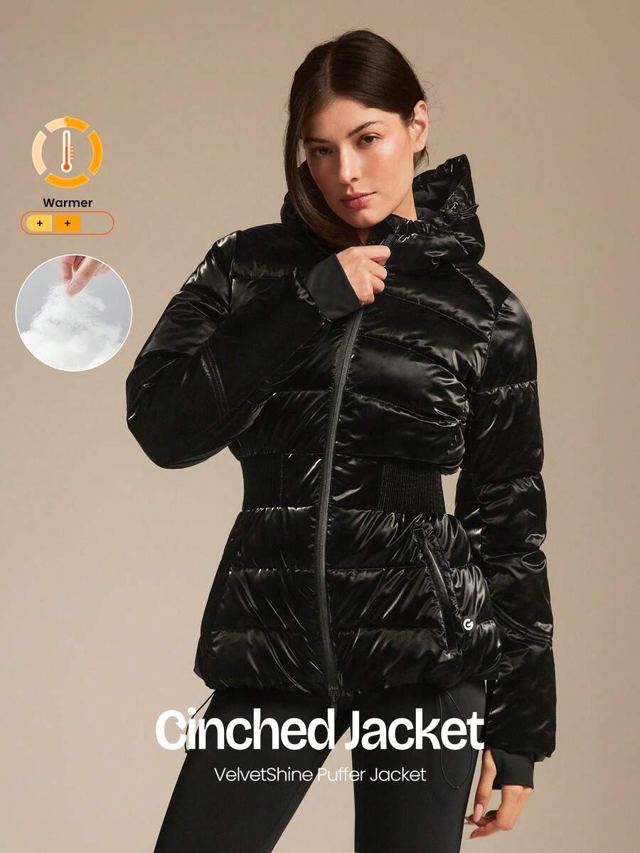 GLOWMODE VelvetShine Soft Lightweight Glossy Warm Water-Repellent Wide Elastic Waistband Adjustable Drawstring Hem Hood Down-Proof Slim-Fit Hooded Full-Zip Puffer Jacket Autumn Winter Outdoor Daily Casual - Black - View 1