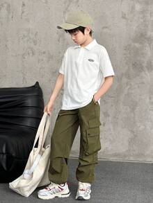 SHEIN Vacaura Conjunto informal de 2 piezas para niño preadolescente con camiseta de manga corta de cuello redondo y pantalones, estilo elegante apropiado para el verano - Multicolor - Ver 4