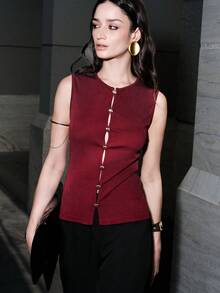 Lumivelle Women's Burgundy Summer Elegant Night Out Sleeveless Knit Vest,High-Elastic Slim-Fit Pullover Sweater,Small Round Neck,Metal Button Cutout,Y2K - Burgundy - View 1