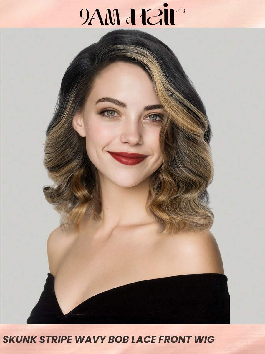 Loose Deep Bob Wigs Human Hair With Skunk Stripe Highlight Transparent Lace Front Wigs Side Part Pre Plucked Wavy Bob Lace Wigs Retro Wave Mob Wife Hairstyle Wig 12 Inch Halloween Costumes - S1/27 - View 1