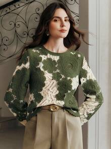 Anewsta 女士花卉镂空圆领宽松长袖毛衣，秋冬季时尚之选 - 軍綠色 - 查看 4