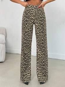 SHEIN Tall 100%纯棉中腰阔腿豹纹高个牛仔裤 - 彩色 - 查看 6