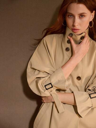 MOTF PREMIUM WOMEN'S SOLID COLOR DOUBLE-BREASTED STAND COLLAR CINCHED WAIST VERSATILE TRENCH COAT, SPRING/AUTUMN