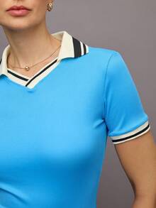 Activina Camisa polo deportiva de manga corta con ribete a rayas para mujer, de verano - Azul - Ver 5