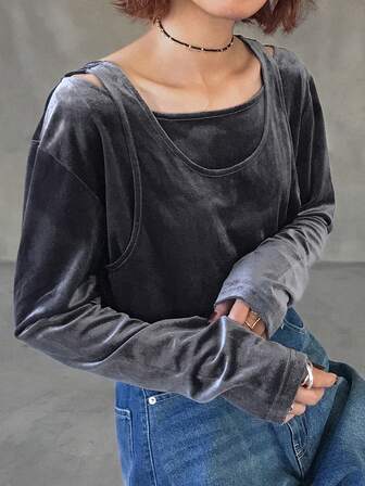 FRIFUL Women's Velvet T-Shirt Vest, 2 In 1 Loose Fit Thick Fabric Outerwear Top, Streetwear Style