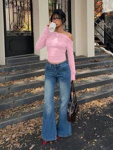 SHEIN Unity Solid Color Asymmetrical Neckline Short Cropped T-Shirt With Pleats Y2K Outfit  - Pink - View 4