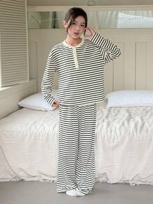 Dazy Kids 2pcs Tween Girls Knitted Striped Long Sleeve T-Shirt And Pants Loungewear Set, Fall - Apricot - View 4