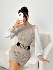SHEIN PETITE 主教袖罗纹立领连衣裙 - 杏色 - 查看 4