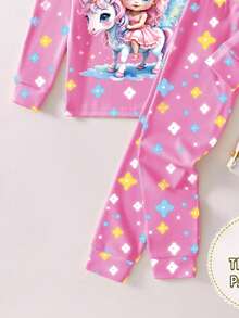 一套女童睡衣，粉色夜光童话奇幻独角兽和星星印花修身长袖上衣和裤子睡衣套装 - 粉色 - 查看 6