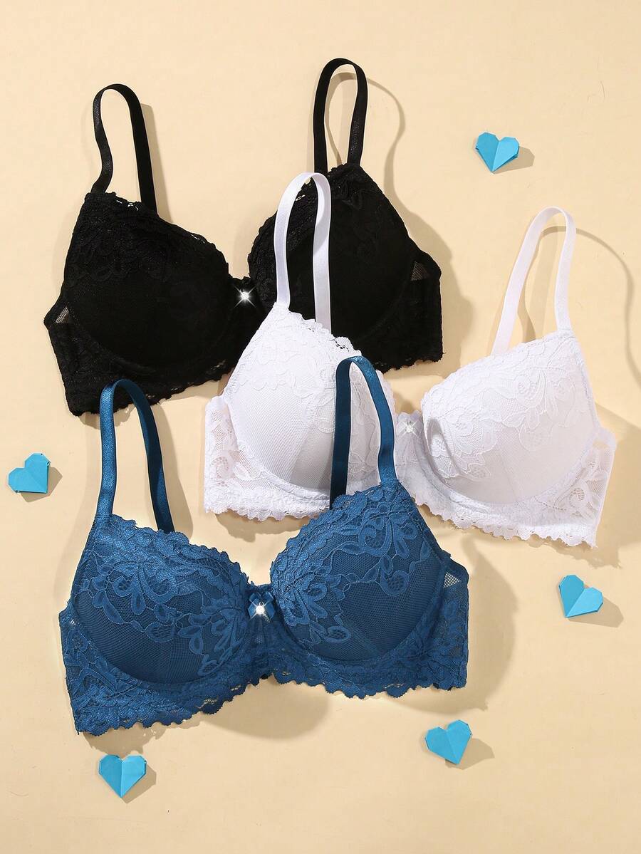 3pcs/Set Lace Women's Underwire Bra, Valentine's Day - Multicolor - View 1