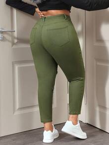 SHEIN ICON 大码纯色做旧毛边口袋修身牛仔裤 - 軍綠色 - 查看 2