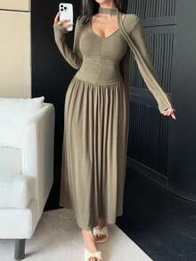 DAZY Women's Long Knitted Pleated Turtleneck Nightgown, Slim Fit, Autumn/Winter - Olive Green - View 6